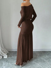 Women's New Brown Elegant Sexy Asymmetric Neck Long Sleeve Top And Asymmetric Ruched Split Skirt 2-Piece Set